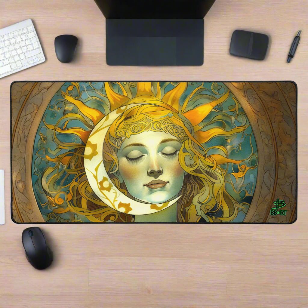 Cosmic Harmony: Sun and Moon Balance – Desk Mat - BBairt