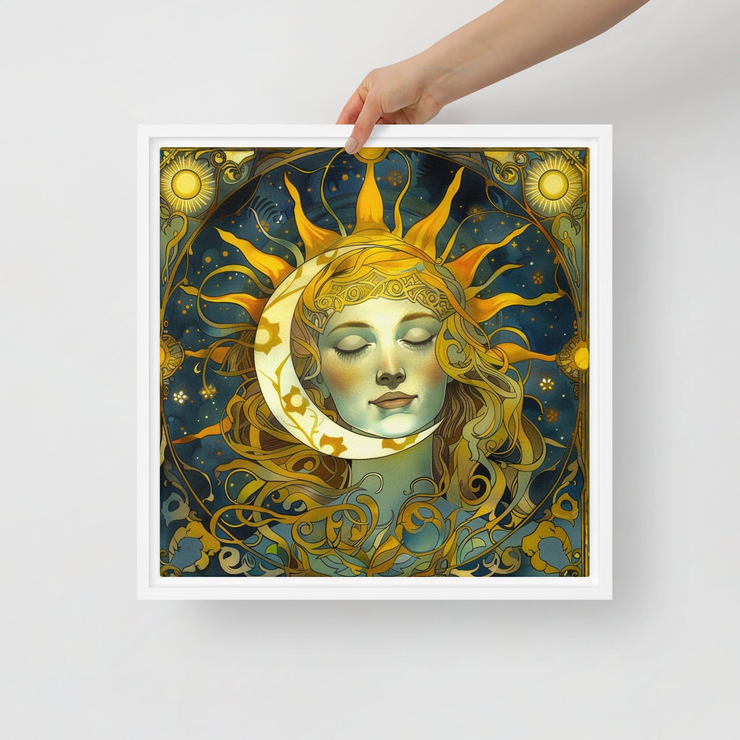 Cosmic Harmony: Sun and Moon Balance - Framed Canvas - BBairt