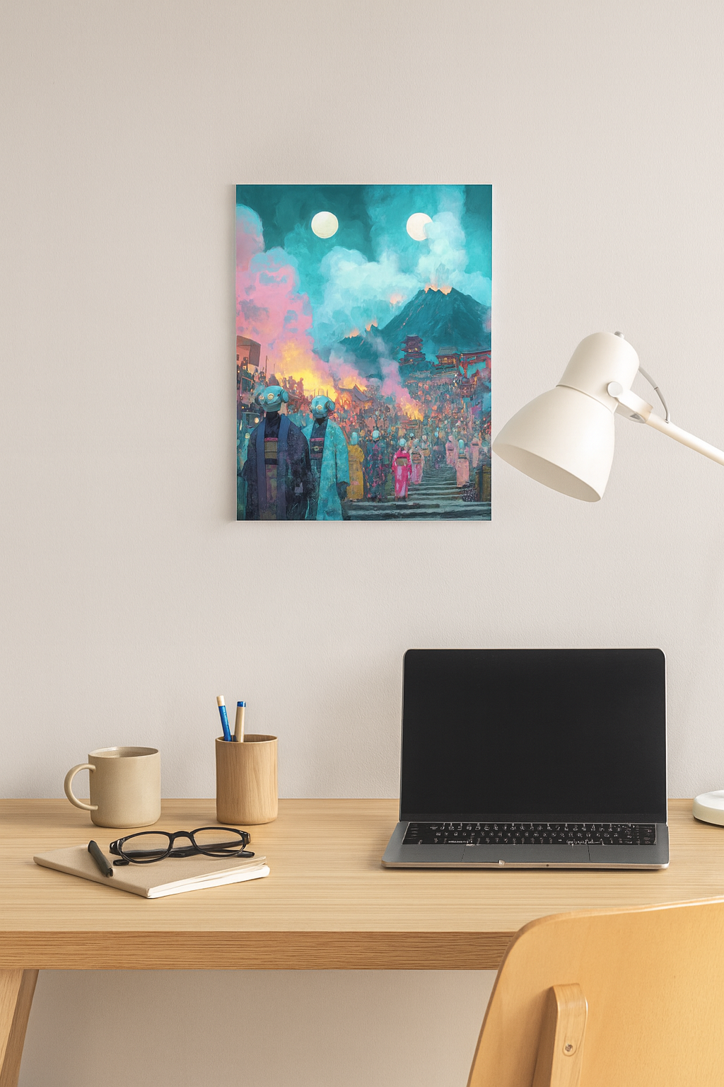 Desk setup with a laptop, mug, and books, featuring a colorful painting on the wall.