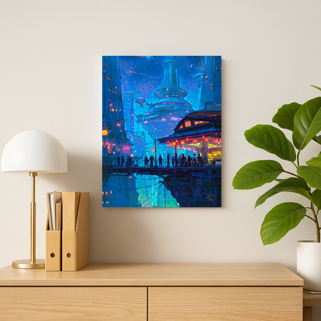 Futuristic cityscape painting on a wall above a wooden shelf with a lamp and plant.