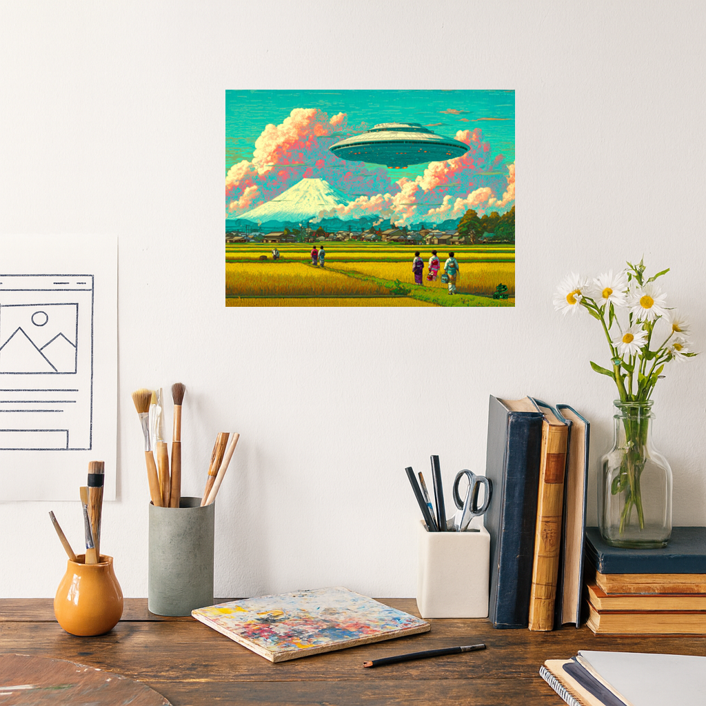 Desk with art supplies and a painting of a UFO over a field.