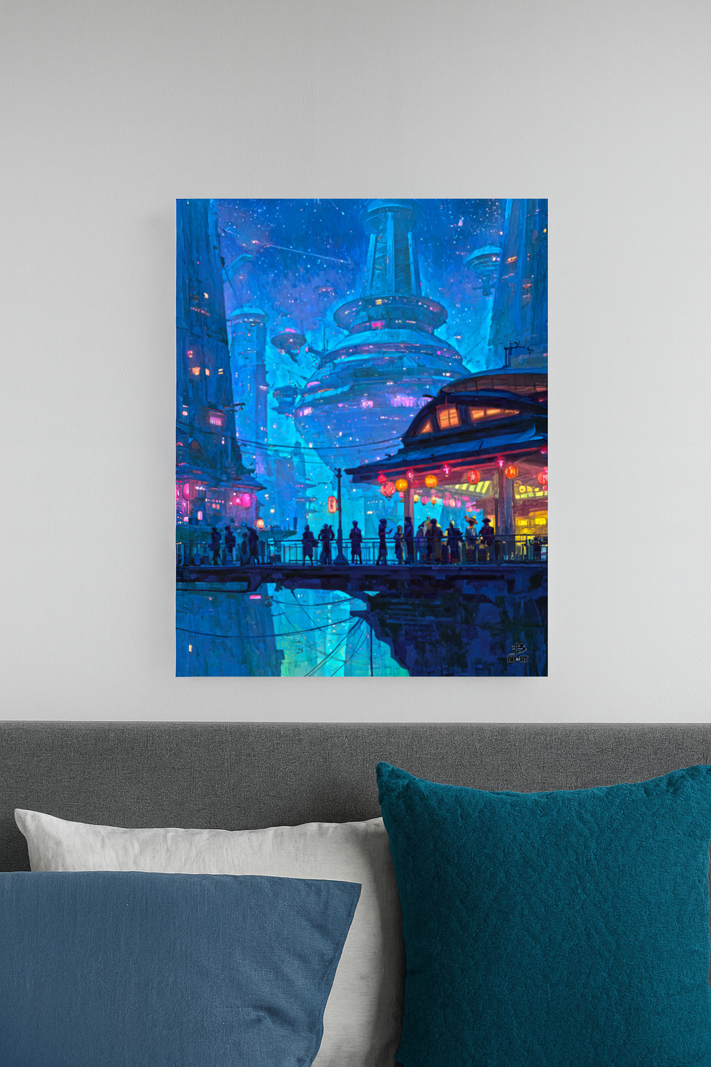 Futuristic cityscape painting on a wall above a bed with blue and gray bedding.