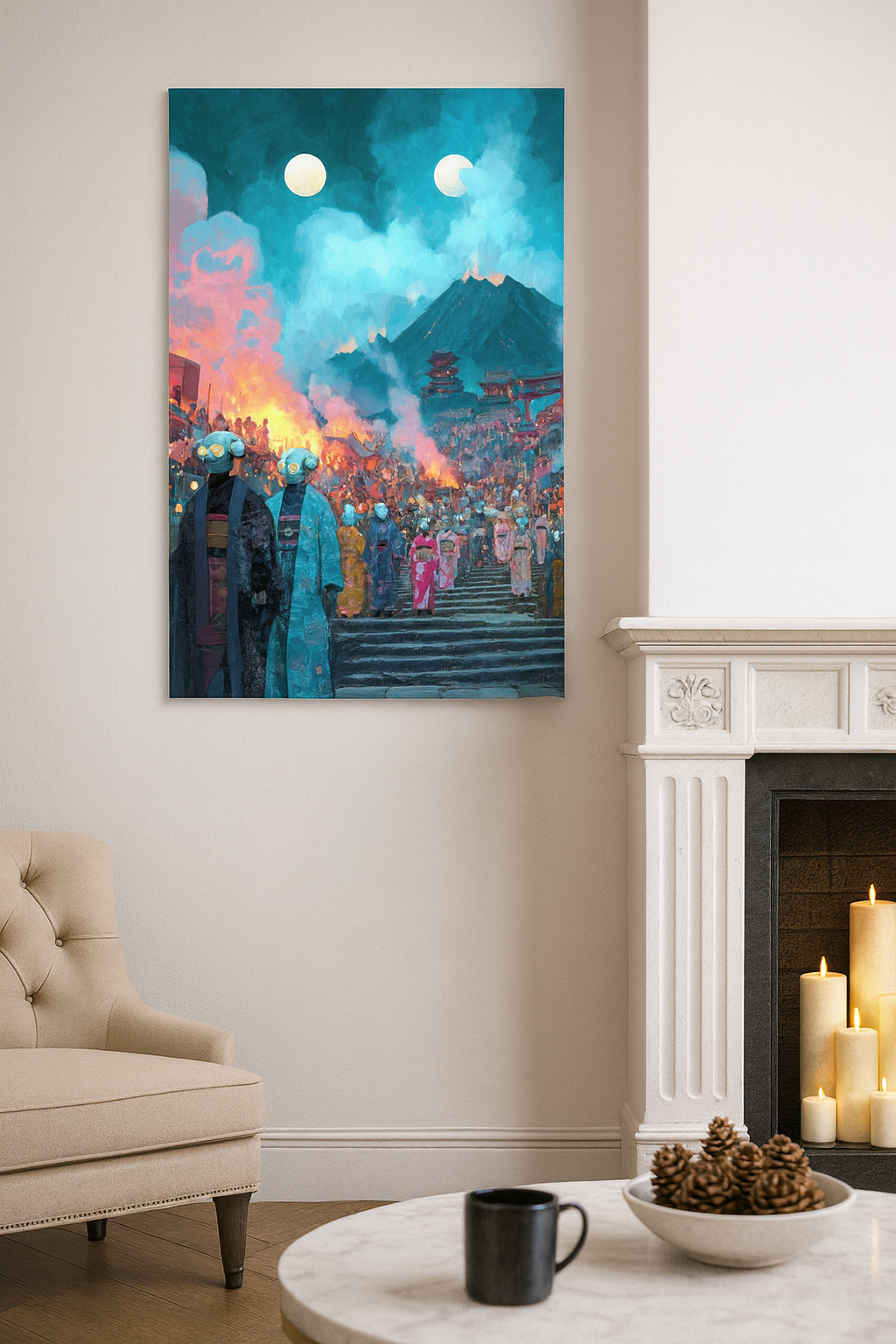 Colorful abstract painting on a wall above a fireplace in a living room.