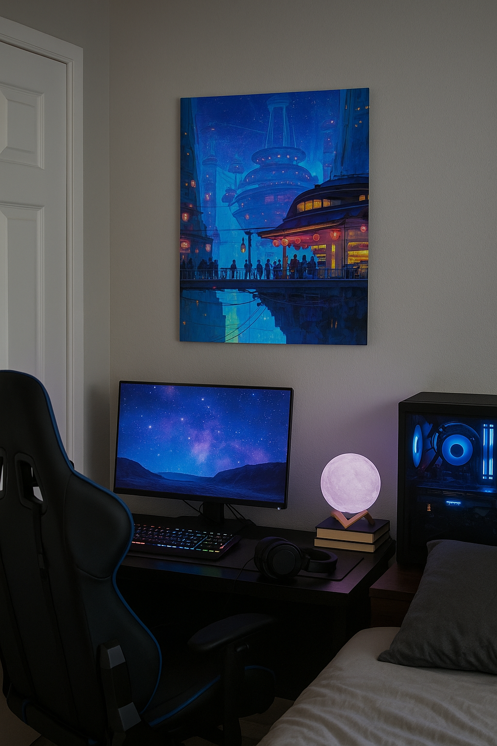 Room interior with a computer setup, including a monitor, keyboard, and gaming chair.