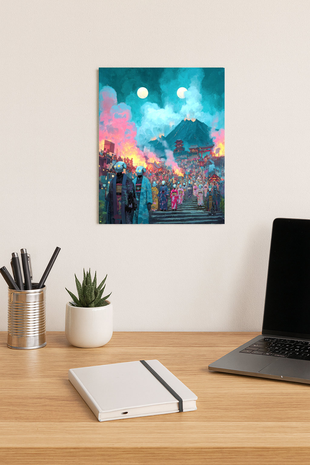 Colorful abstract painting on a wall above a desk with a laptop, notebook, and plant.