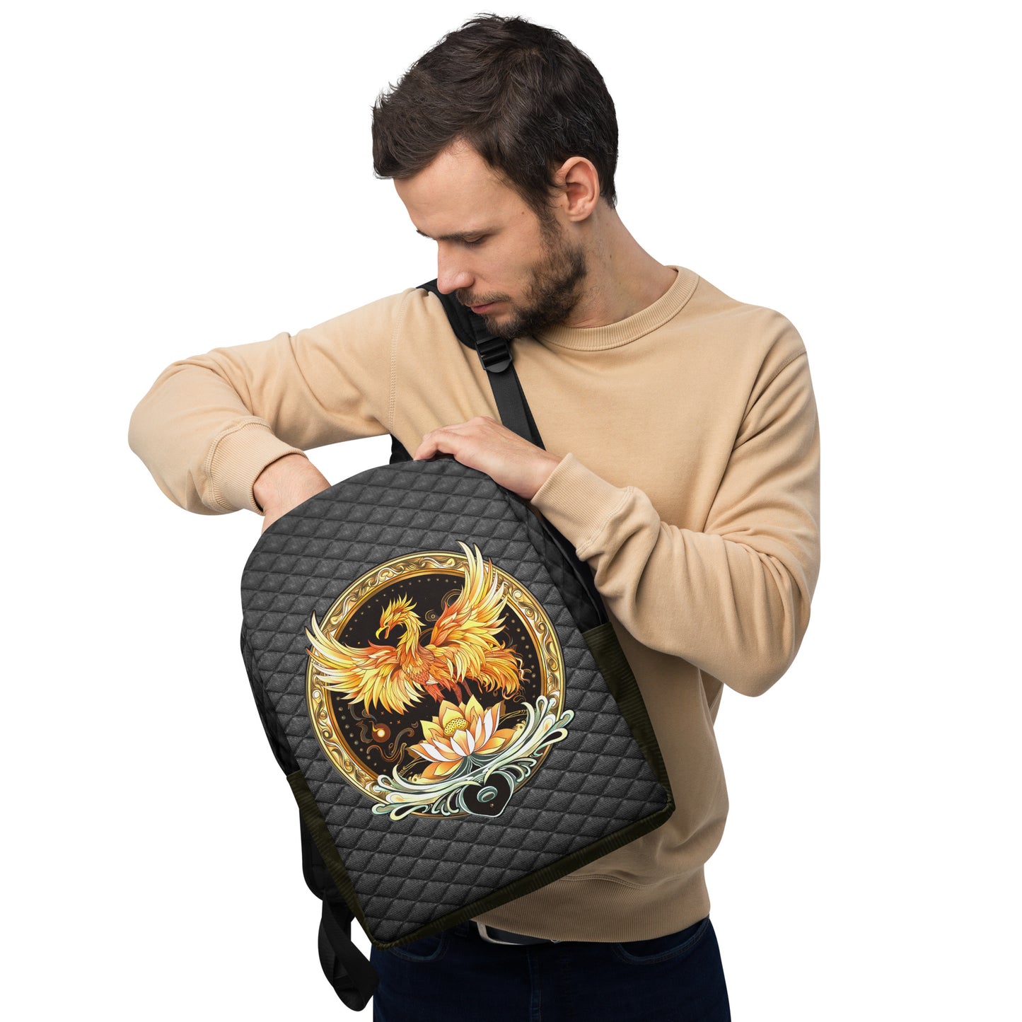 Elemental Harmony: Fiery Phoenix and Calm Lotus - Minimalist Backpack