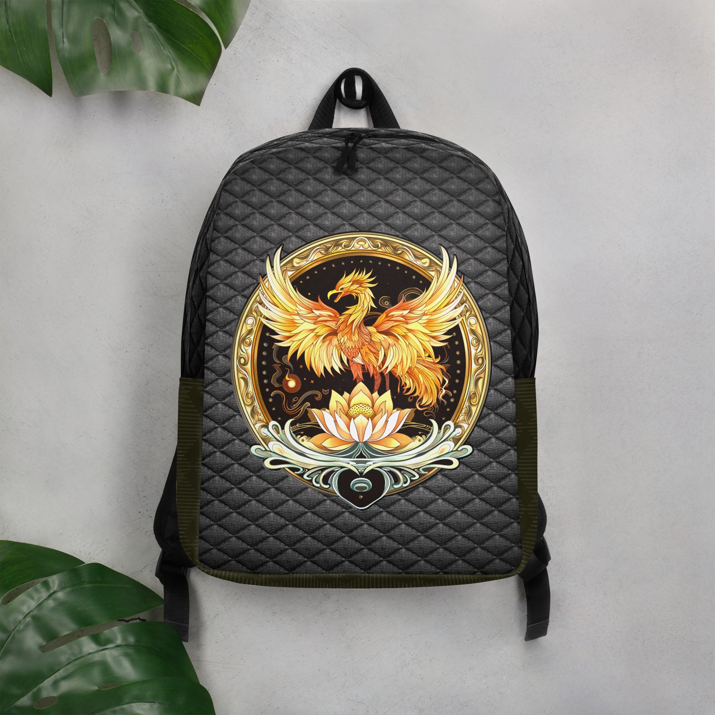 Elemental Harmony: Fiery Phoenix and Calm Lotus - Minimalist Backpack