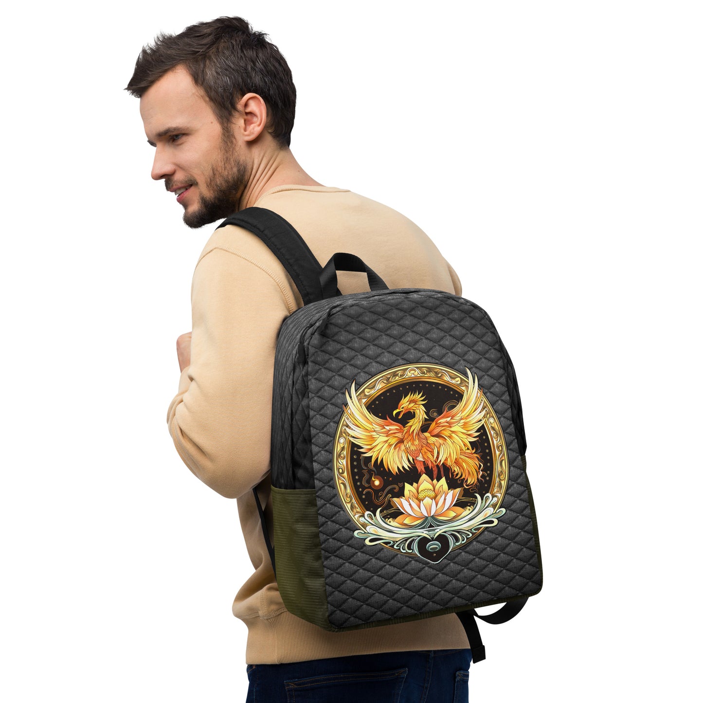 Elemental Harmony: Fiery Phoenix and Calm Lotus - Minimalist Backpack