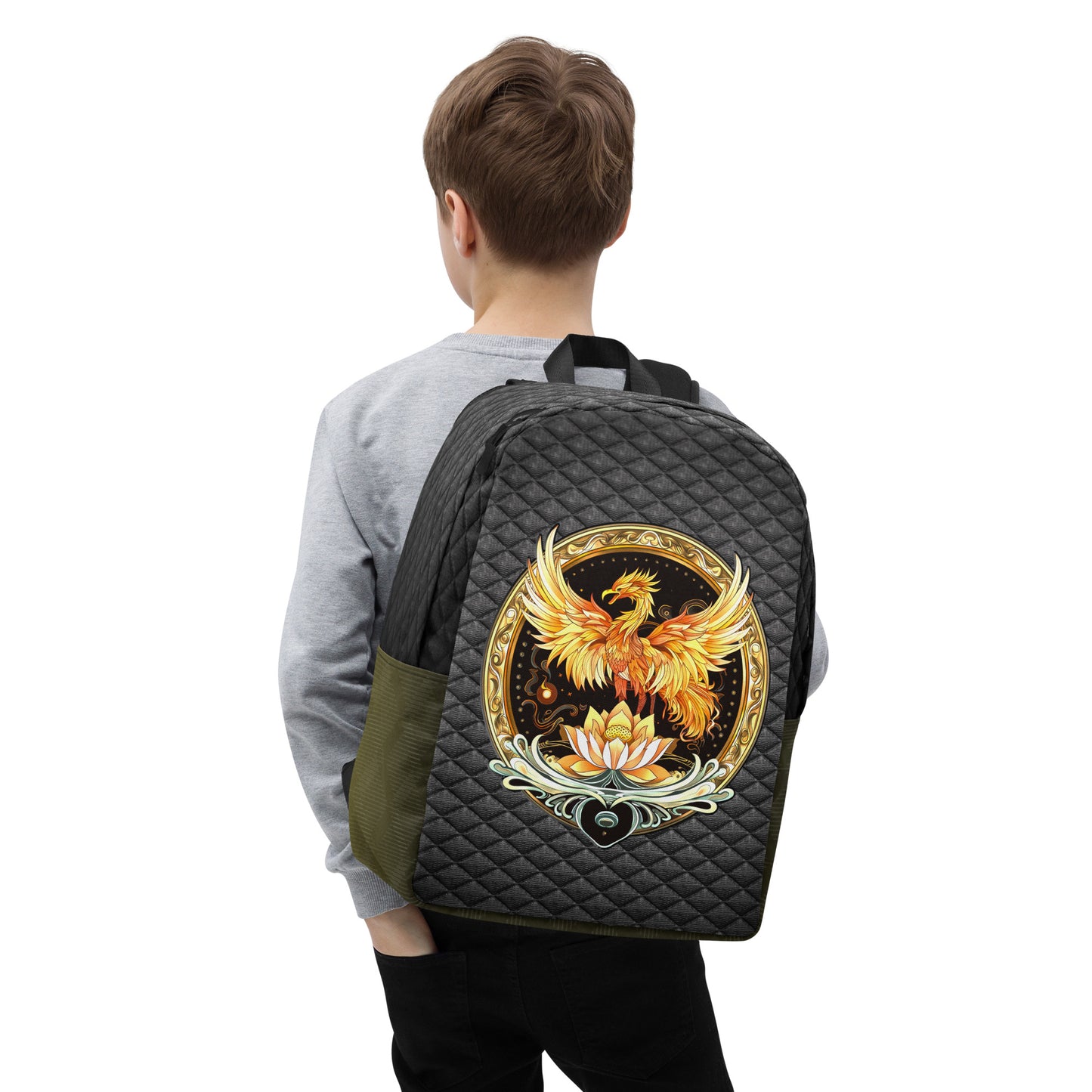 Elemental Harmony: Fiery Phoenix and Calm Lotus - Minimalist Backpack