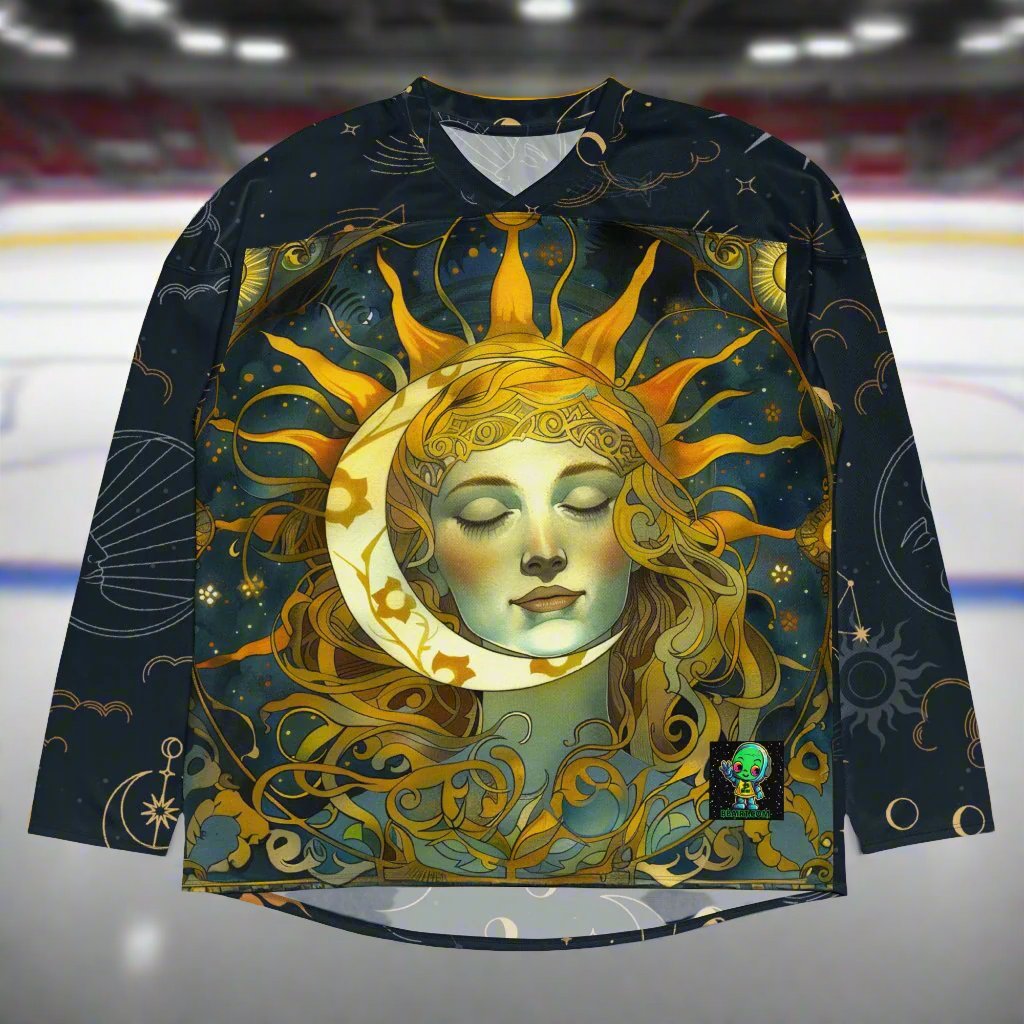 Cosmic Harmony: Sun and Moon Balance - Recycled Hockey Fan Jersey