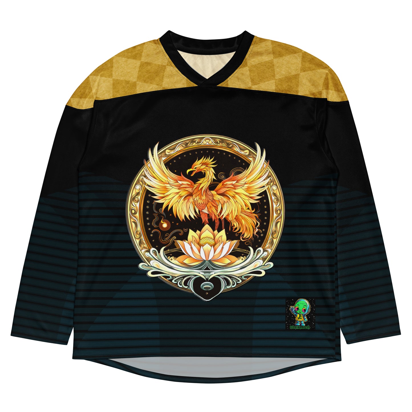 Elemental Harmony: Fiery Phoenix and Calm Lotus - Recycled hockey fan jersey