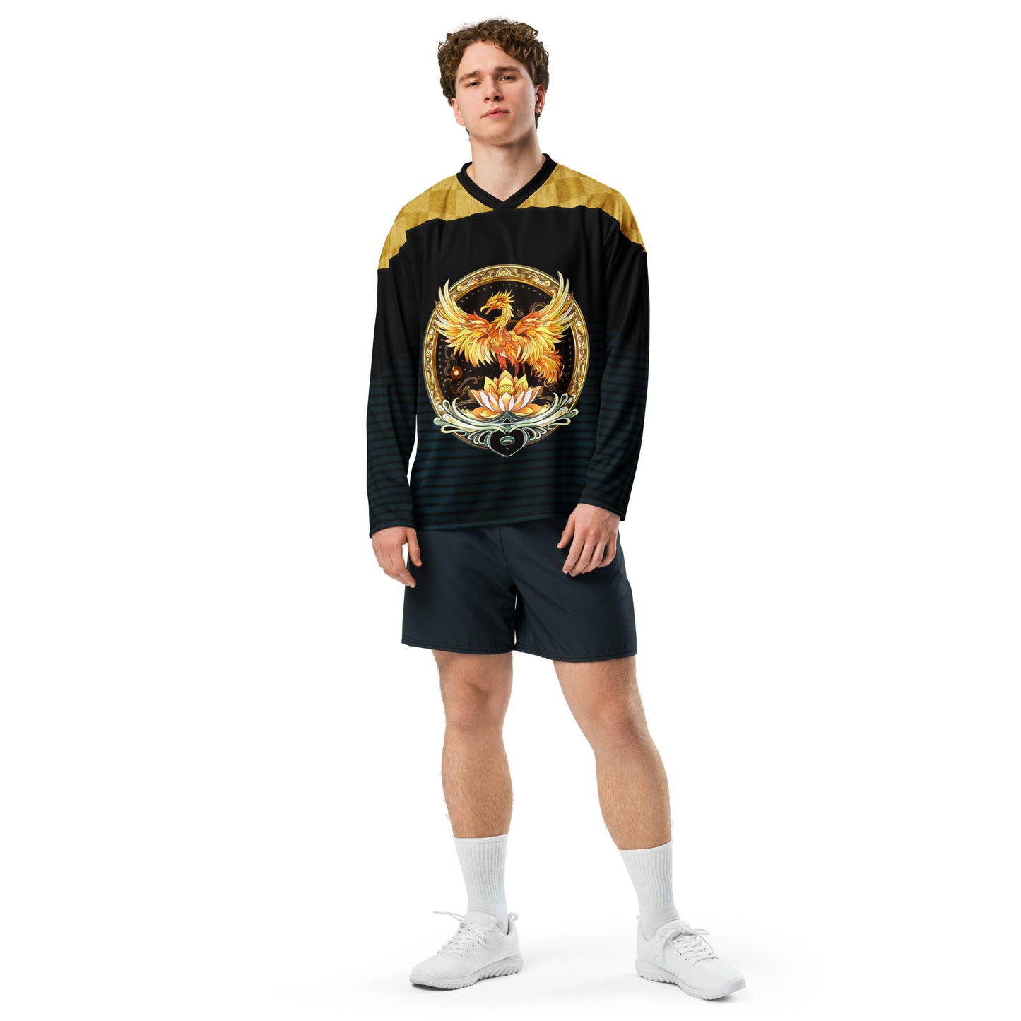 Elemental Harmony: Fiery Phoenix and Calm Lotus - Recycled hockey fan jersey