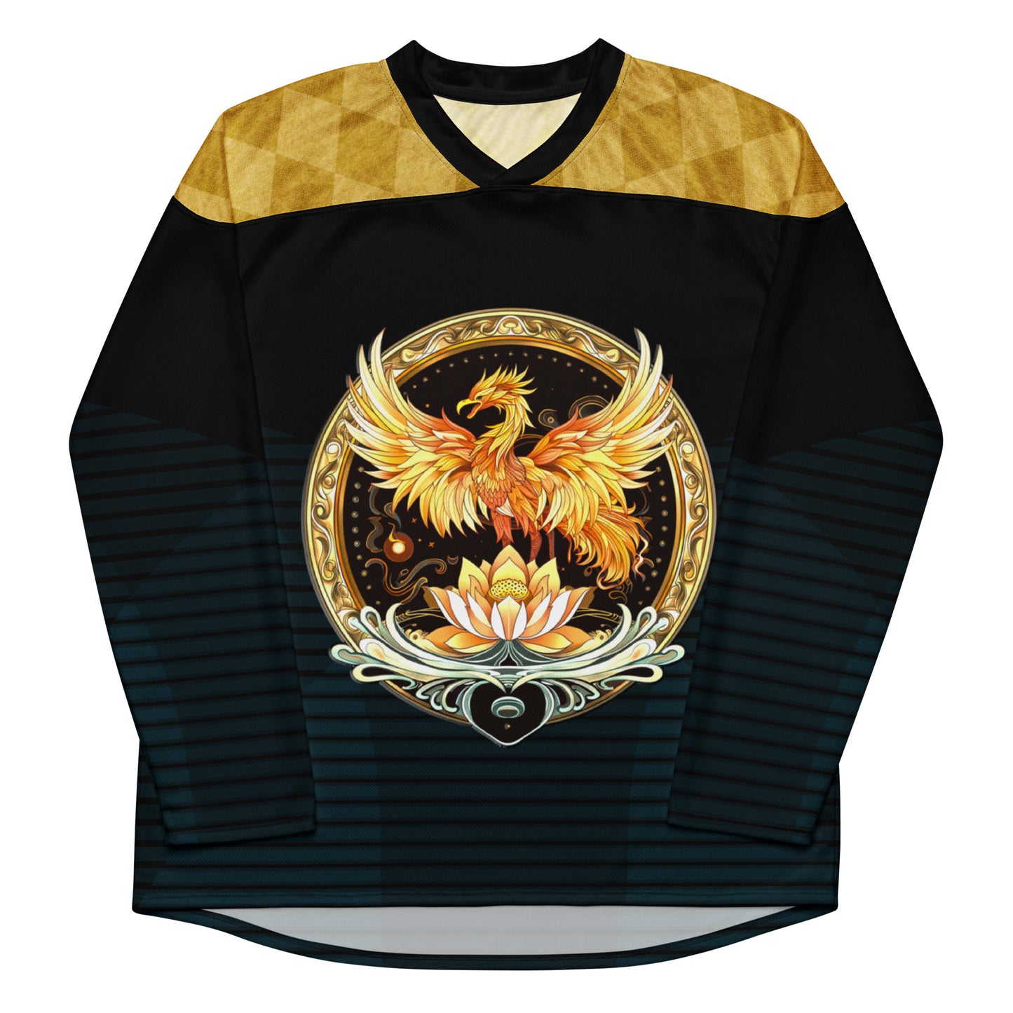 Elemental Harmony: Fiery Phoenix and Calm Lotus - Recycled hockey fan jersey