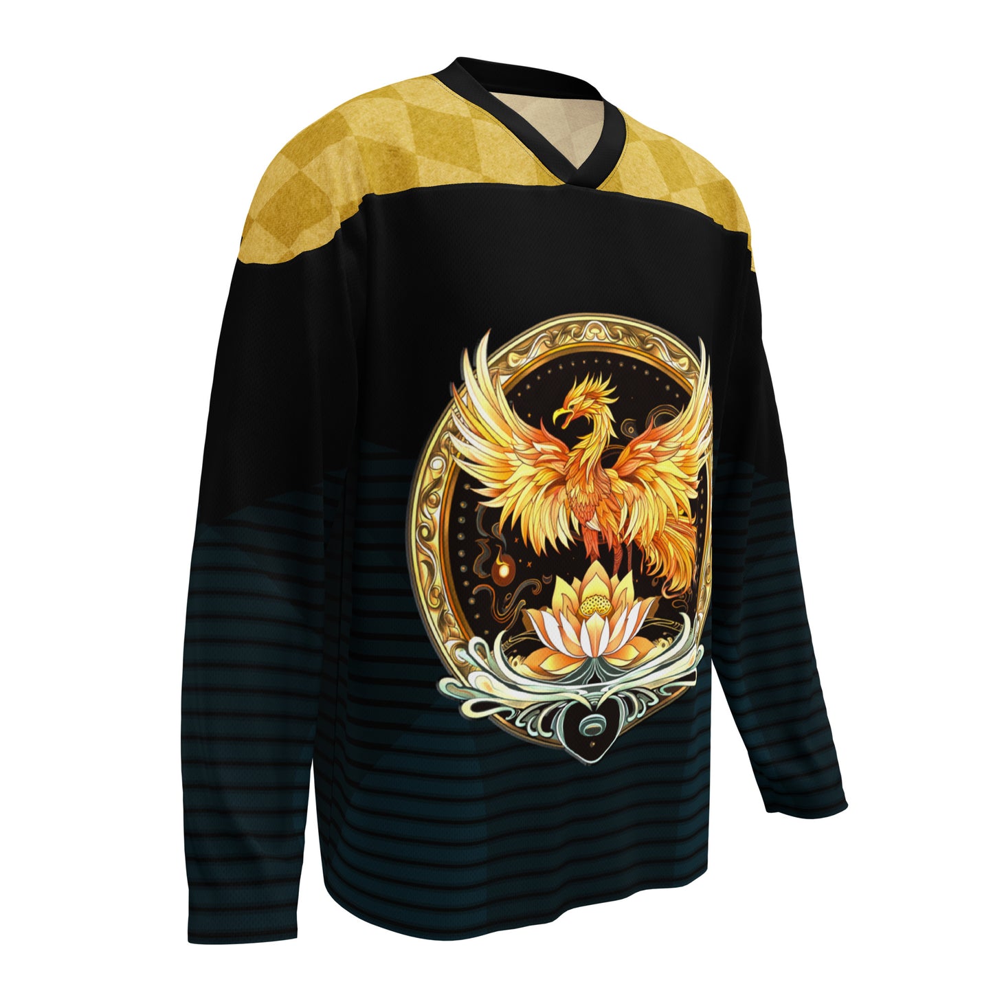 Elemental Harmony: Fiery Phoenix and Calm Lotus - Recycled hockey fan jersey