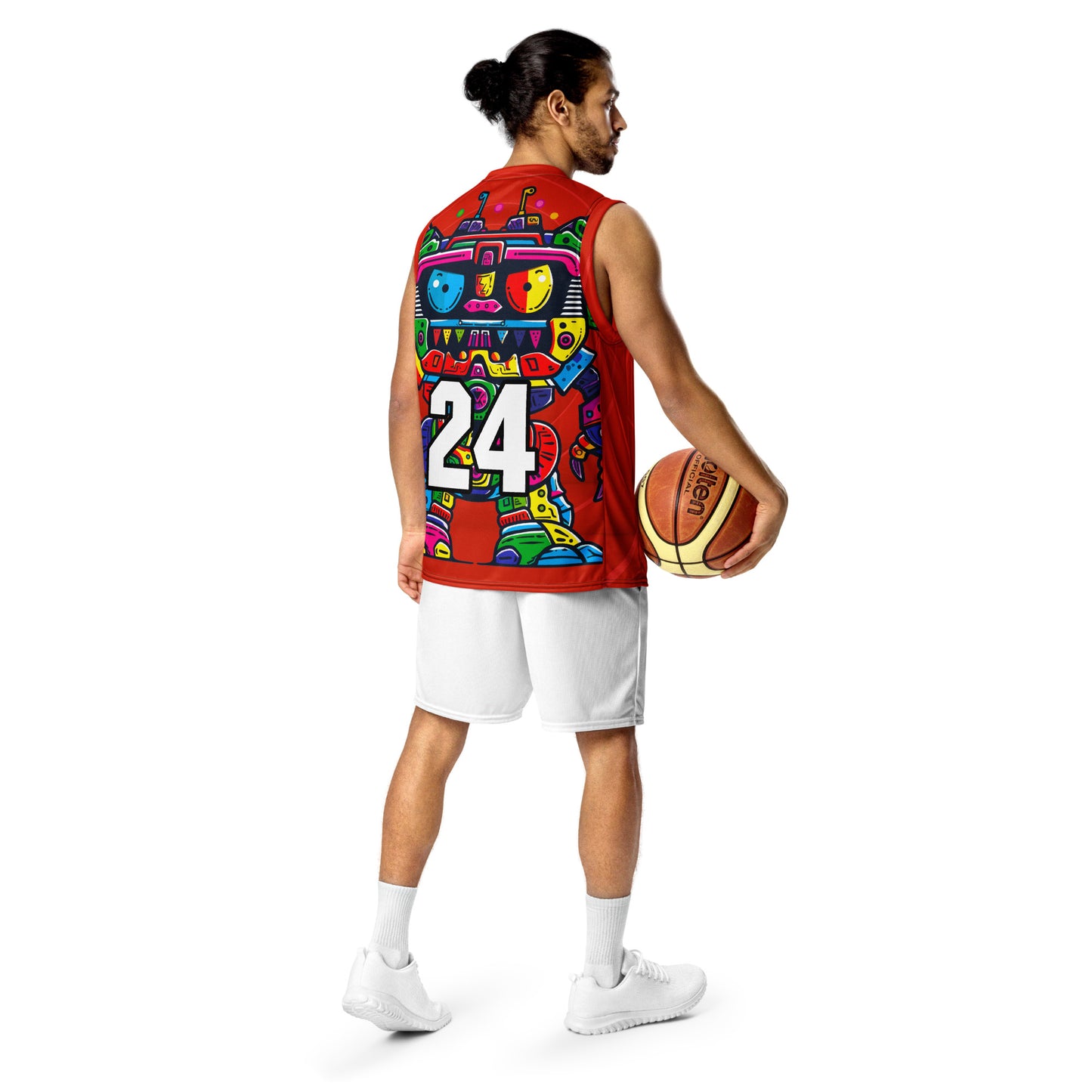 Robo Rebel - Recycled unisex basketball jersey - Crimson Vortex Colorway