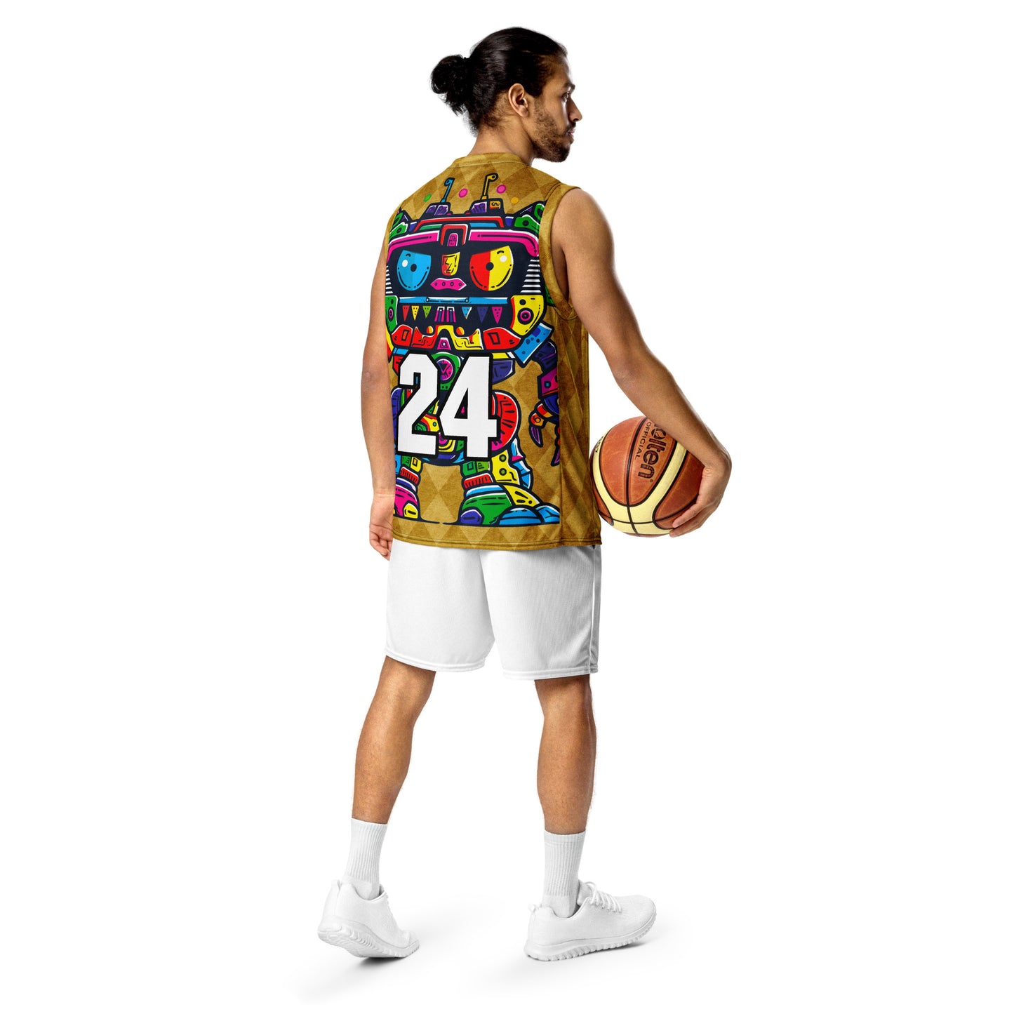 Robo Rebel - Recycled unisex basketball jersey - Golden Argyle Colorway