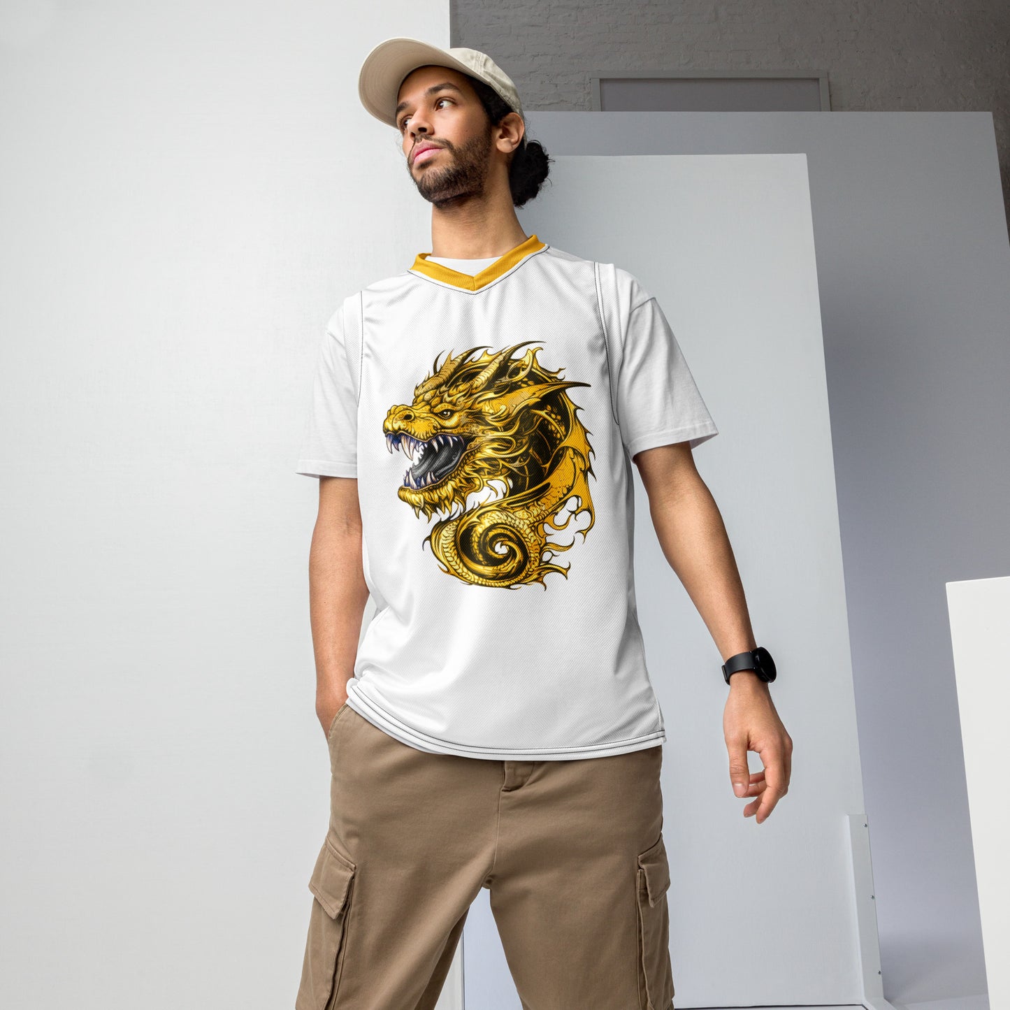 Zephyrion - Recycled unisex basketball jersey - white and gold