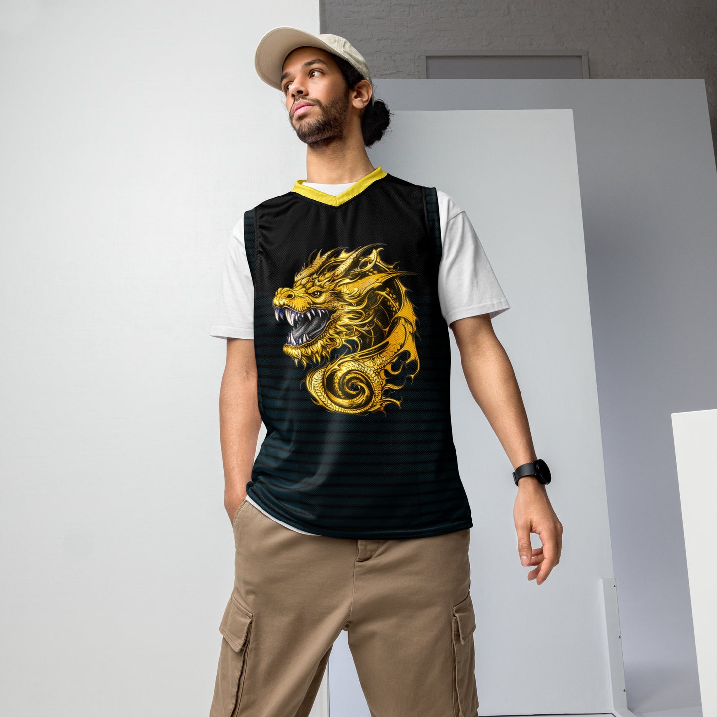 Zephyrion - Recycled unisex basketball jersey - Black and Gold