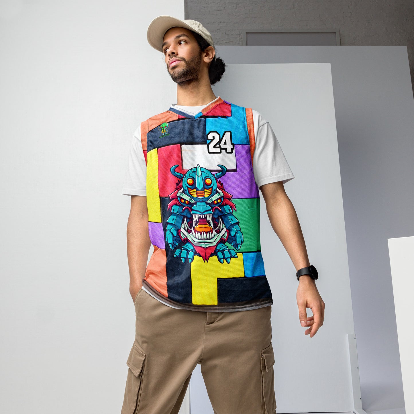 Rex the Reactor Watcher - Recycled unisex basketball jersey - Block Fusion Colorway