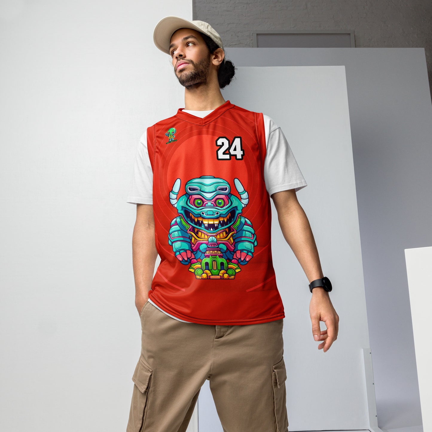 Astro Protector - Recycled unisex basketball jersey - Crimson Vortex Colorway