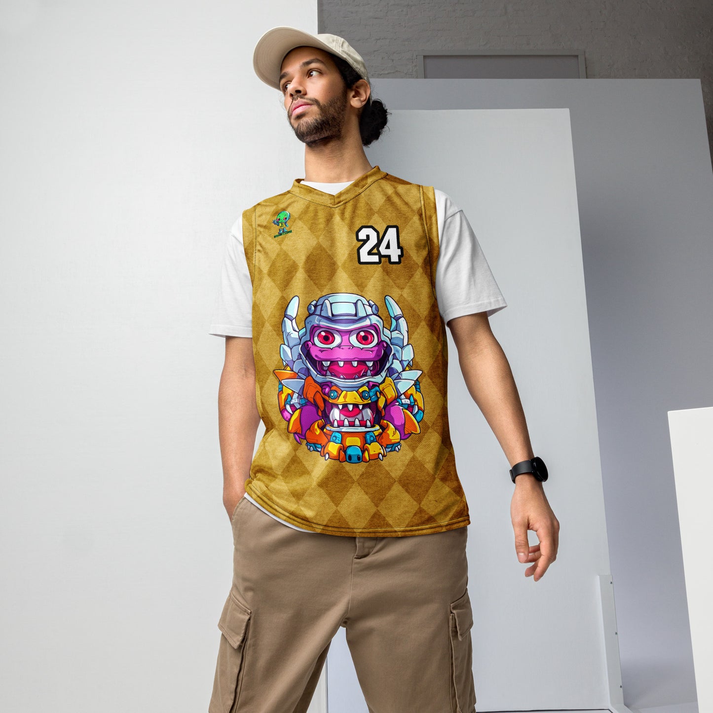 Cyber Critter - Recycled unisex basketball jersey - Golden Argyle Colorway