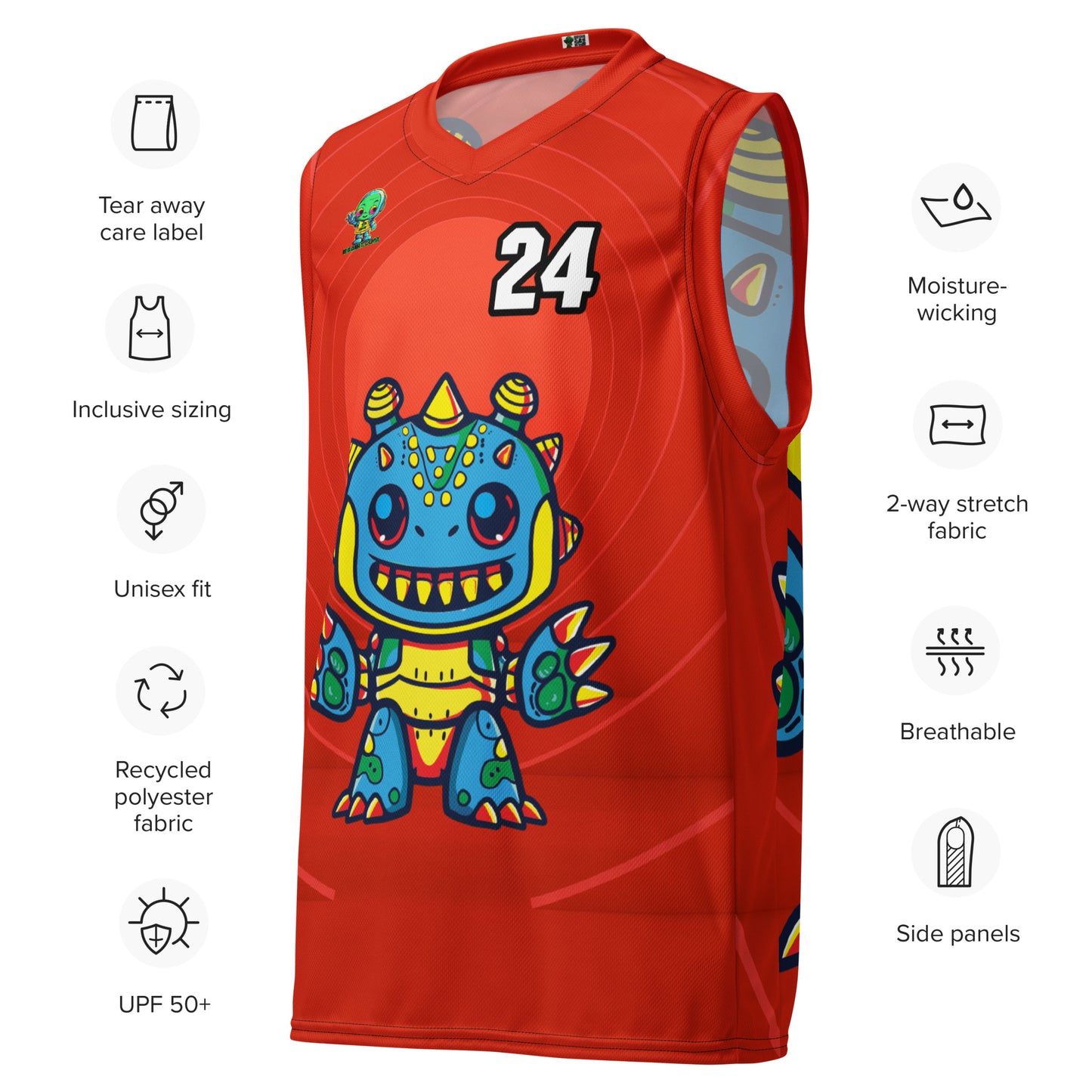 Zippy Zoid - Recycled unisex basketball jersey - Crimson Vortex Colorway