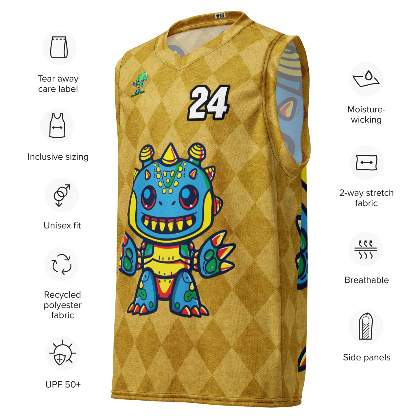 Zippy Zoid - Recycled unisex basketball jersey - Golden Argyle Colorway