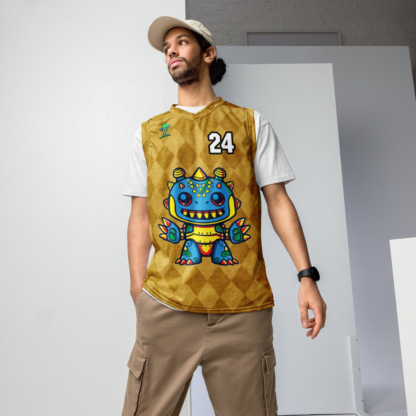 Zippy Zoid - Recycled unisex basketball jersey - Golden Argyle Colorway