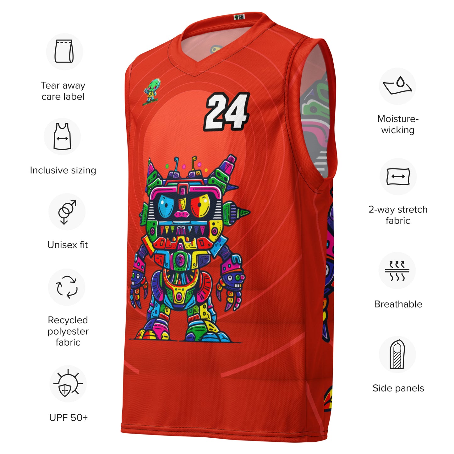 Robo Rebel - Recycled unisex basketball jersey - Crimson Vortex Colorway