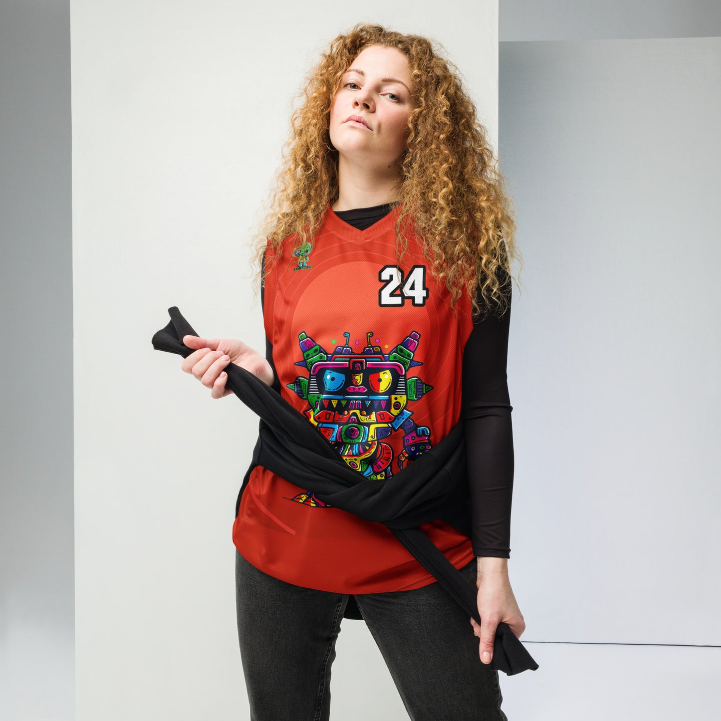 Robo Rebel - Recycled unisex basketball jersey - Crimson Vortex Colorway