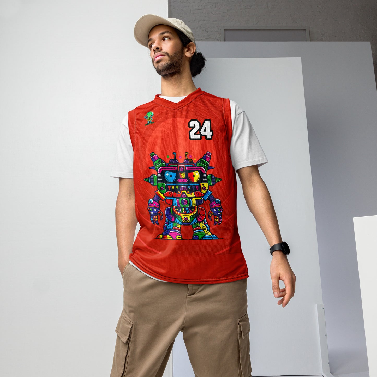 Robo Rebel - Recycled unisex basketball jersey - Crimson Vortex Colorway