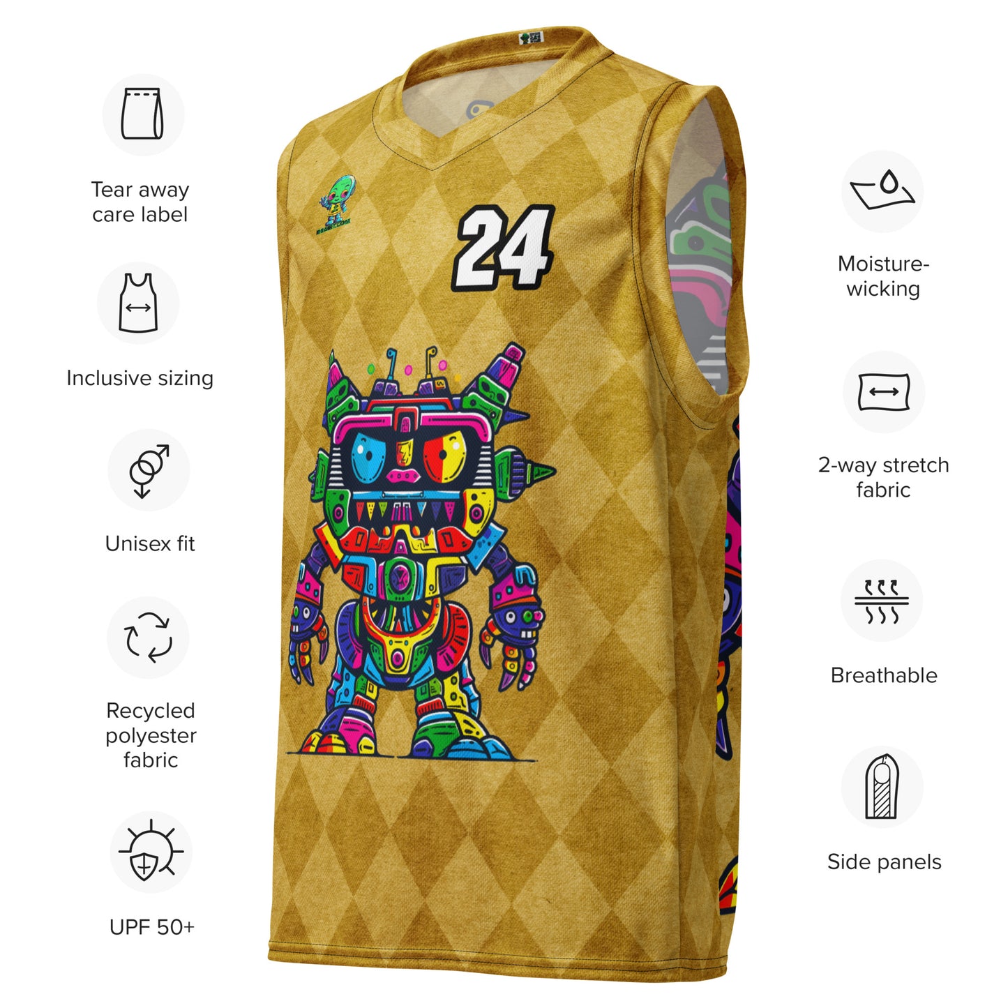 Robo Rebel - Recycled unisex basketball jersey - Golden Argyle Colorway