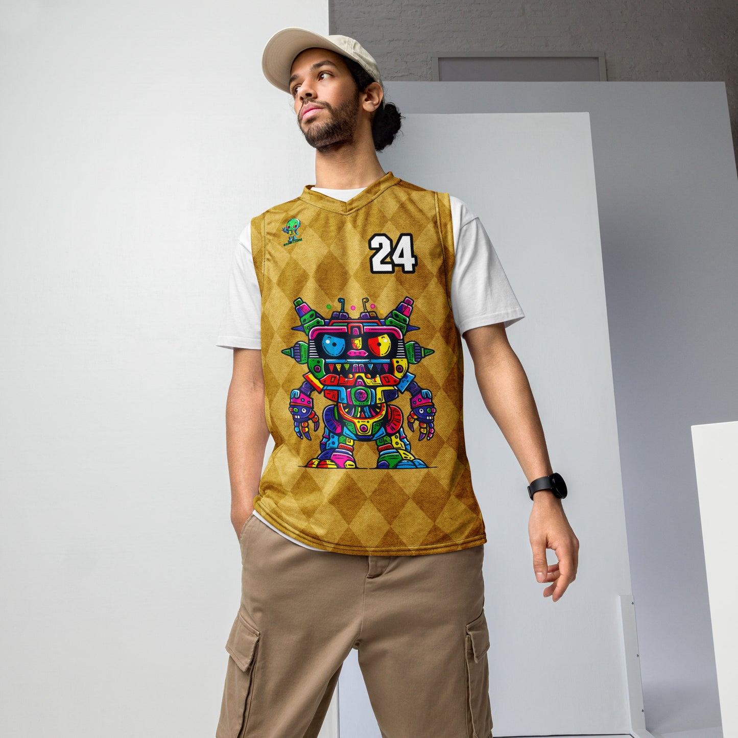 Robo Rebel - Recycled unisex basketball jersey - Golden Argyle Colorway