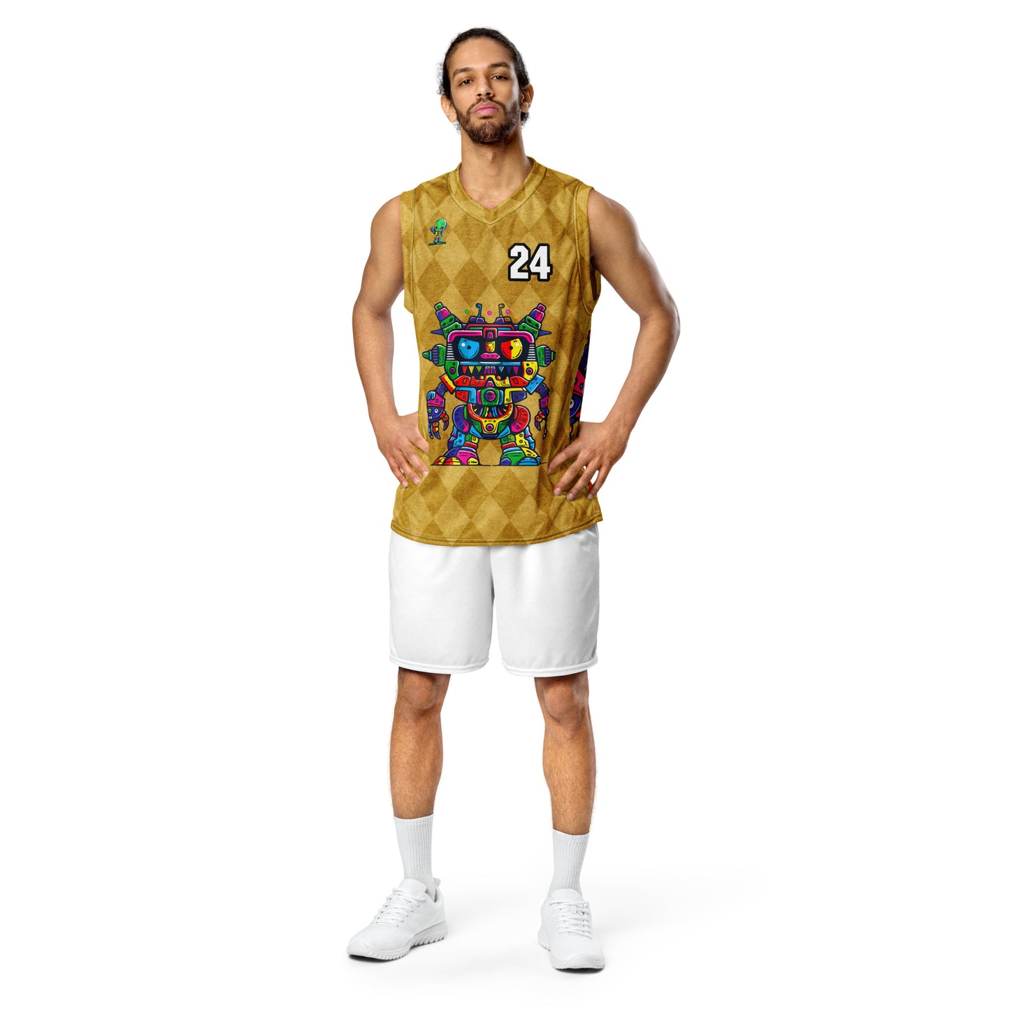 Robo Rebel - Recycled unisex basketball jersey - Golden Argyle Colorway