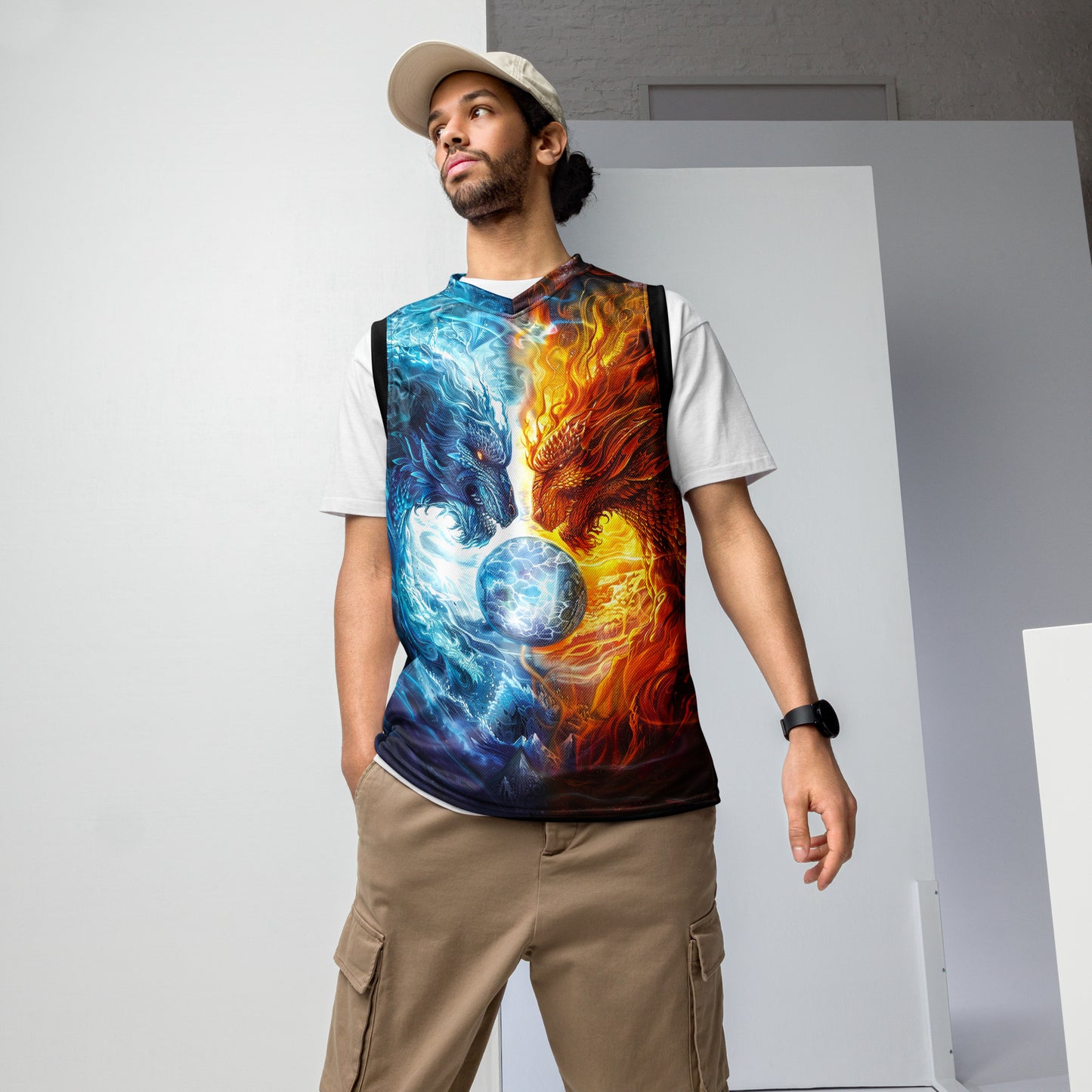 Equinox Harmony: Fire and Ice Guardians - Recycled unisex basketball jersey