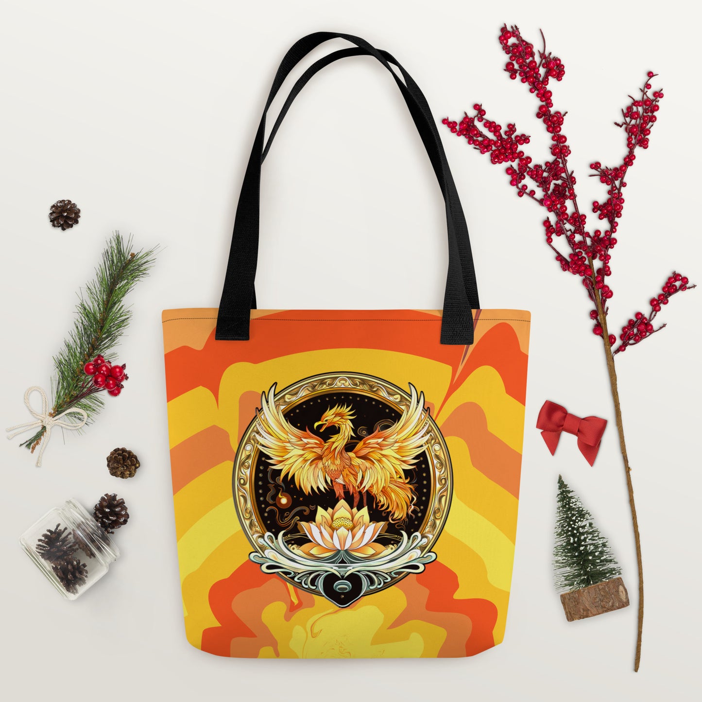 Elemental Harmony: Fiery Phoenix and Calm Lotus - Tote bag