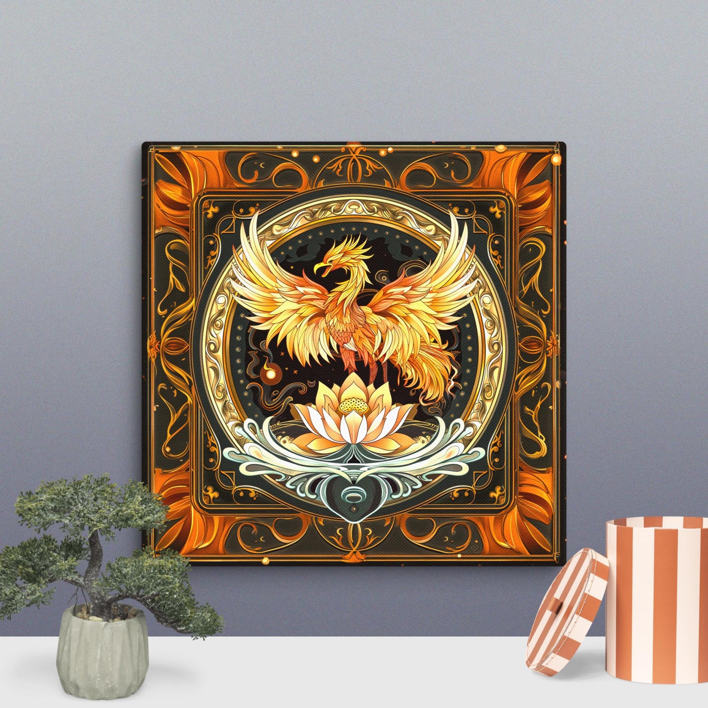 Elemental Harmony: Fiery Phoenix and Calm Lotus - Canvas Print