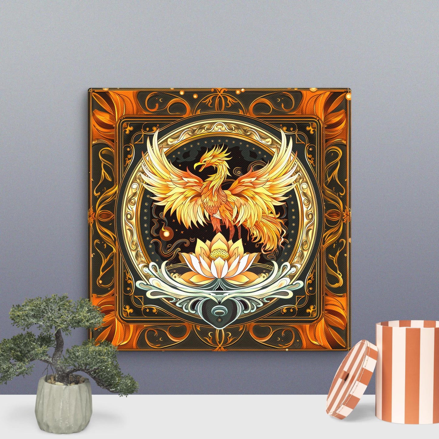 Elemental Harmony: Fiery Phoenix and Calm Lotus - Canvas Print