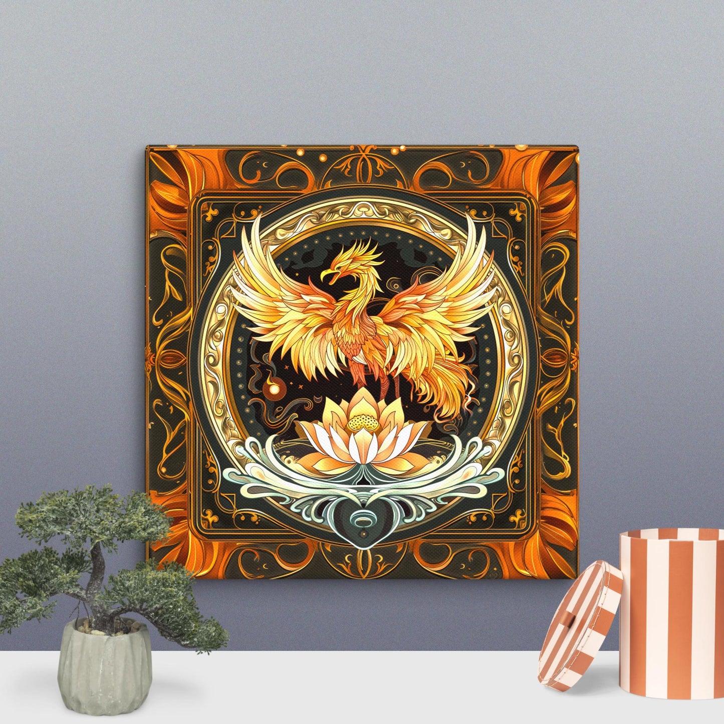 Elemental Harmony: Fiery Phoenix and Calm Lotus - Canvas Print