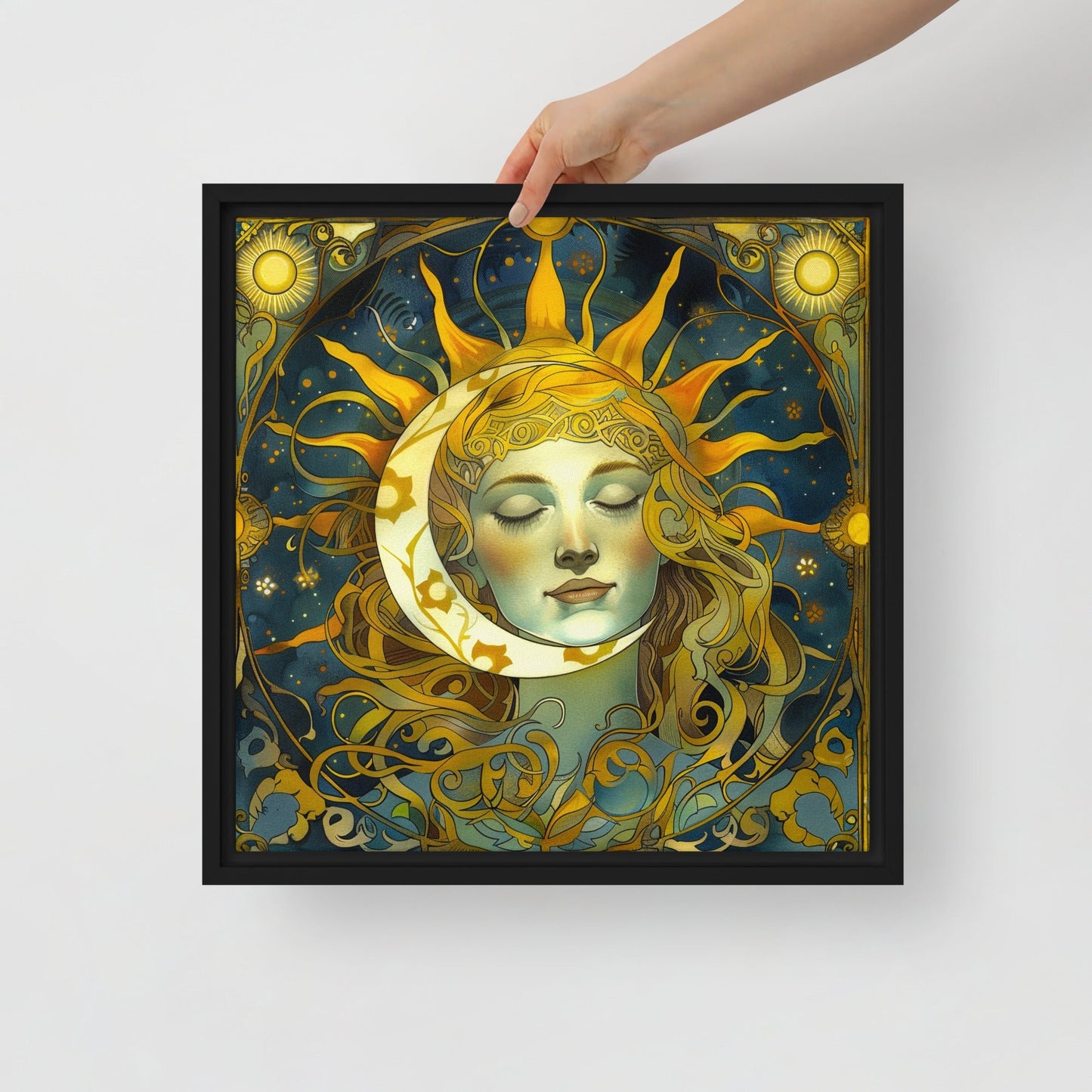 Cosmic Harmony: Sun and Moon Balance - Framed Canvas - BBairt