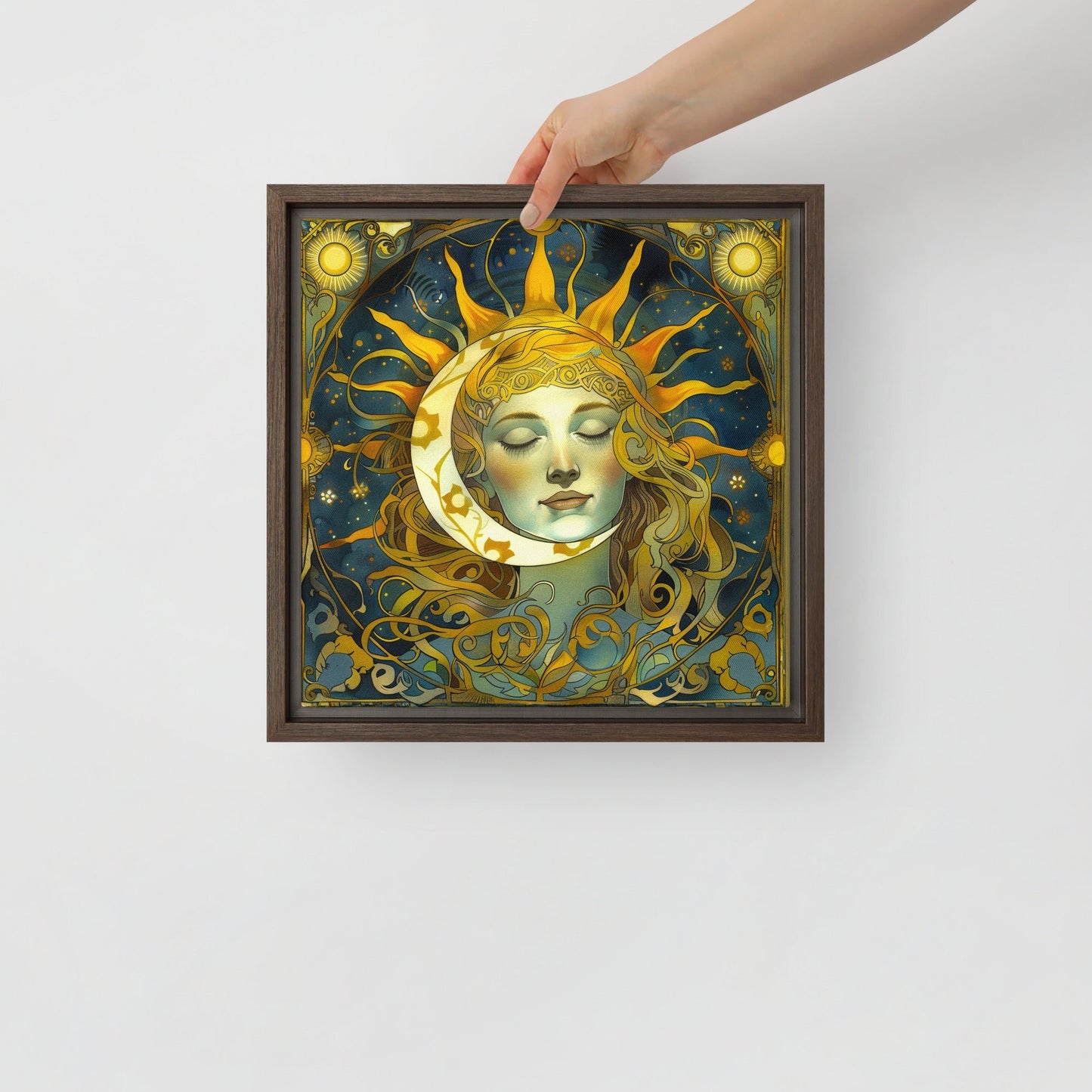 Cosmic Harmony: Sun and Moon Balance - Framed Canvas - BBairt