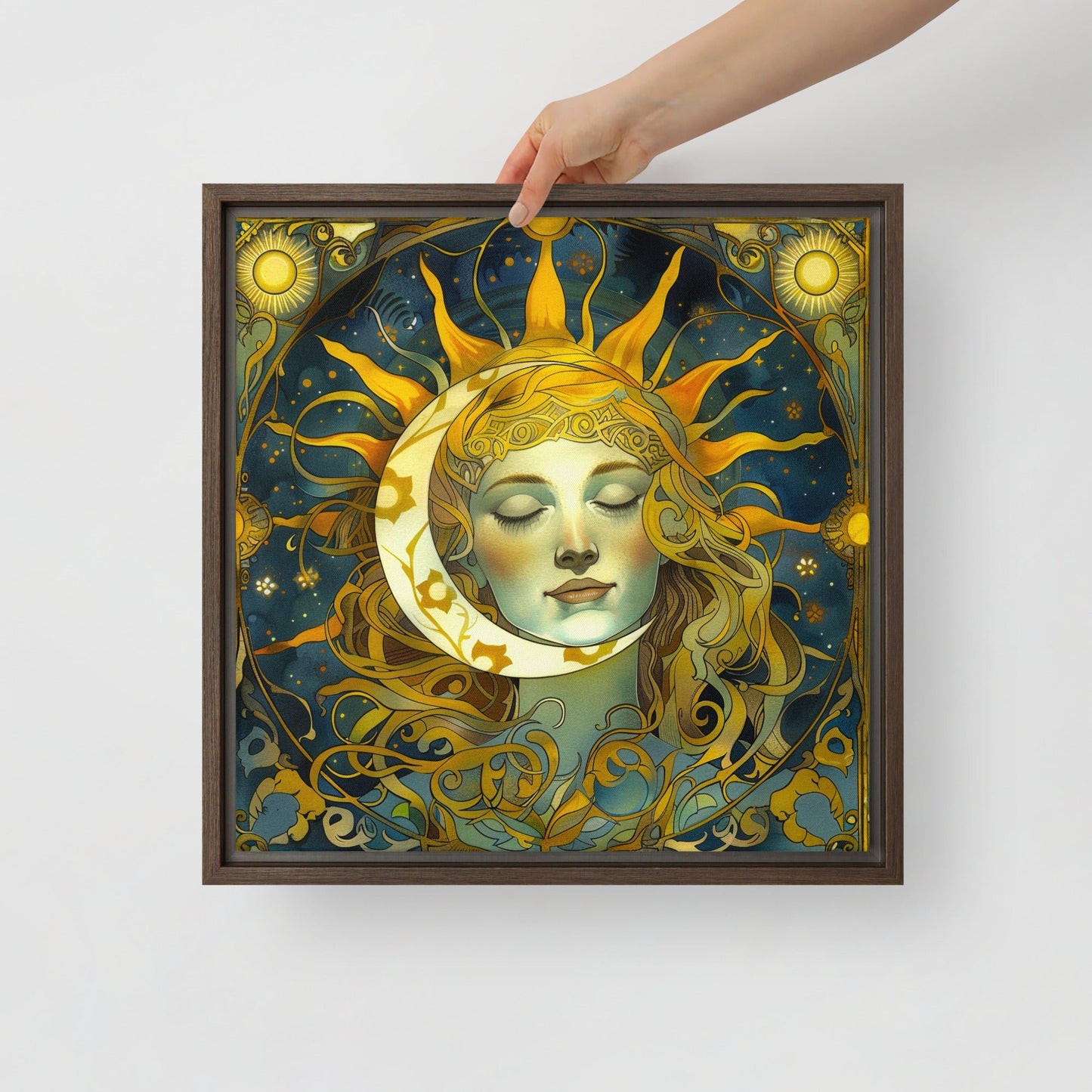 Cosmic Harmony: Sun and Moon Balance - Framed Canvas - BBairt