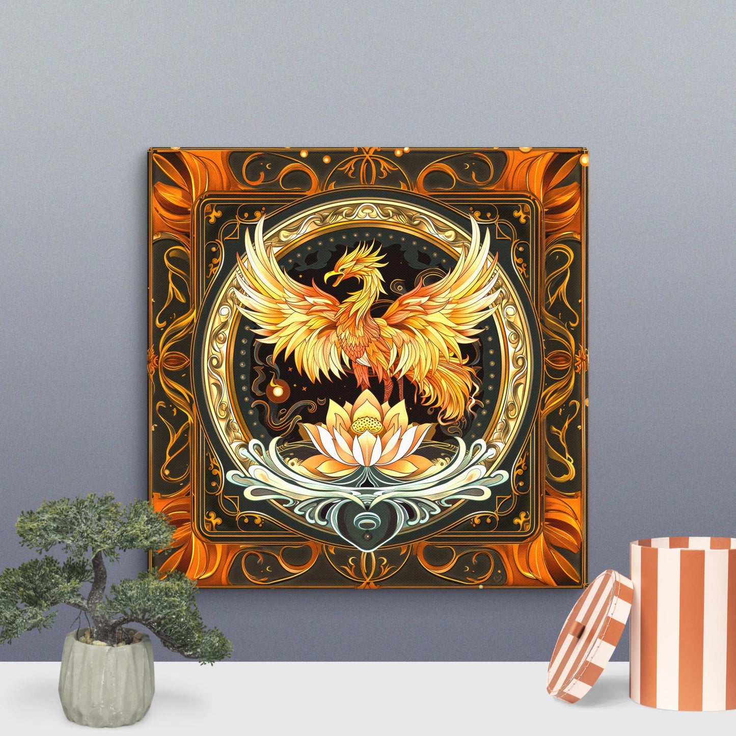 Elemental Harmony: Fiery Phoenix and Calm Lotus - Canvas Print - BBairt