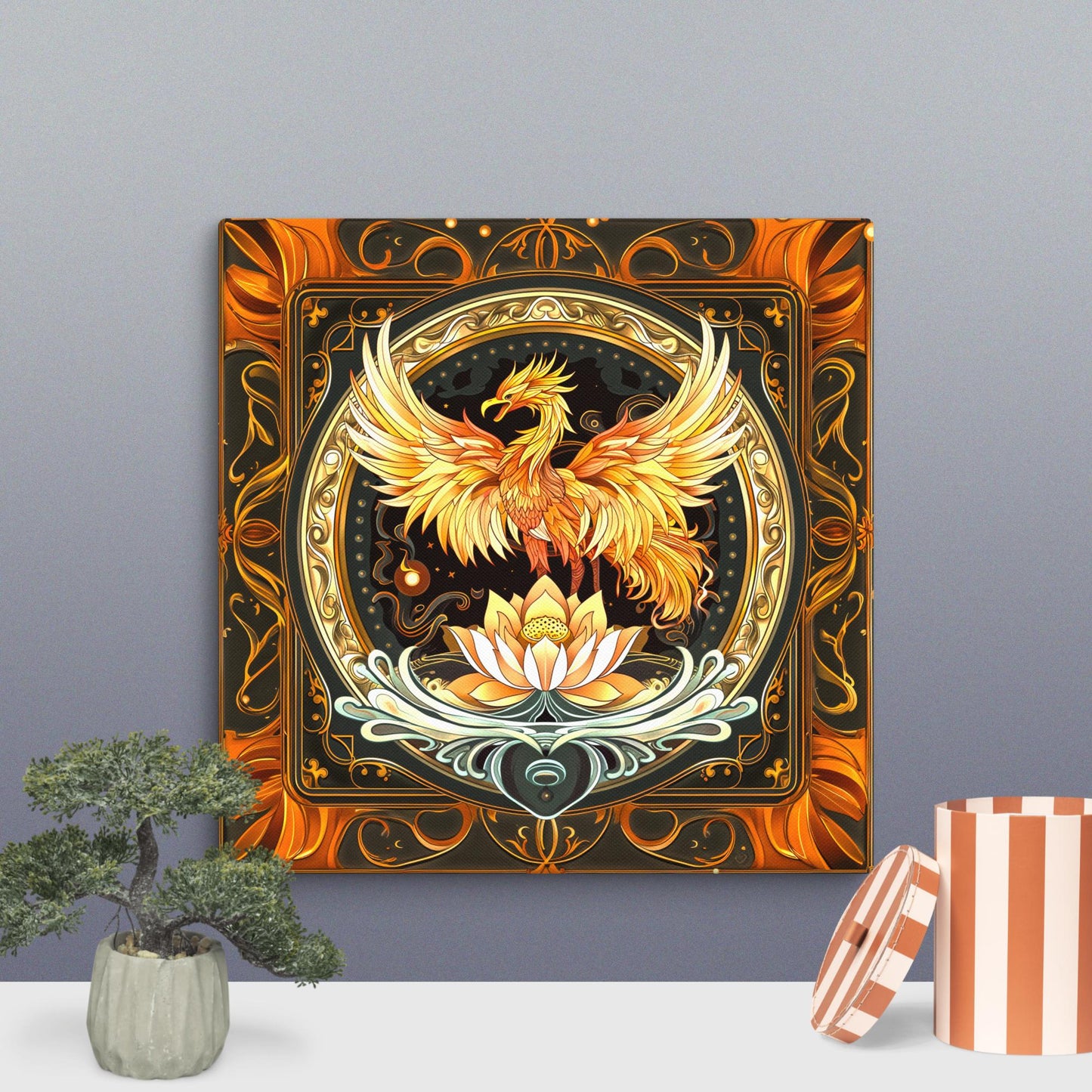 Elemental Harmony: Fiery Phoenix and Calm Lotus - Canvas Print - BBairt