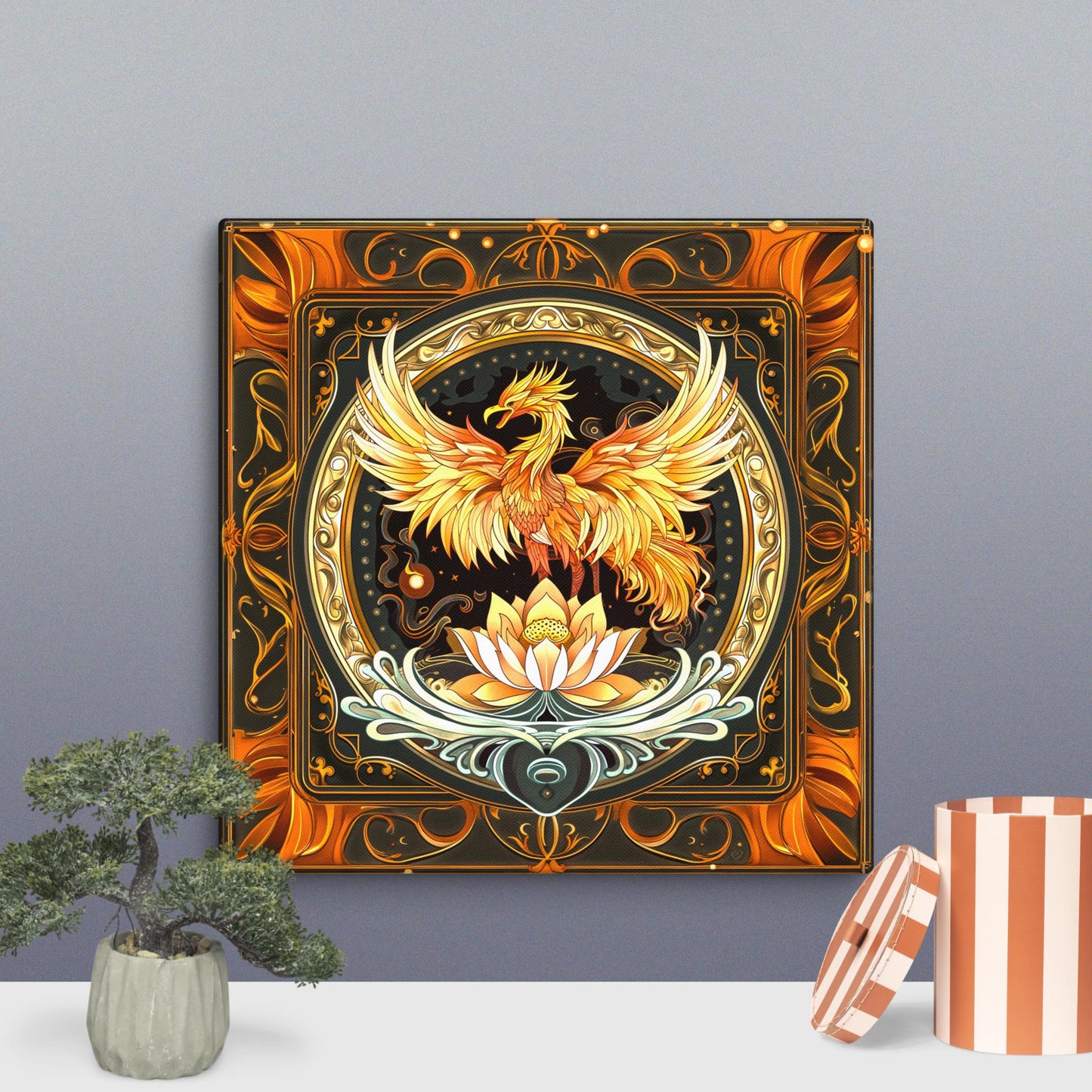 Elemental Harmony: Fiery Phoenix and Calm Lotus - Canvas Print - BBairt