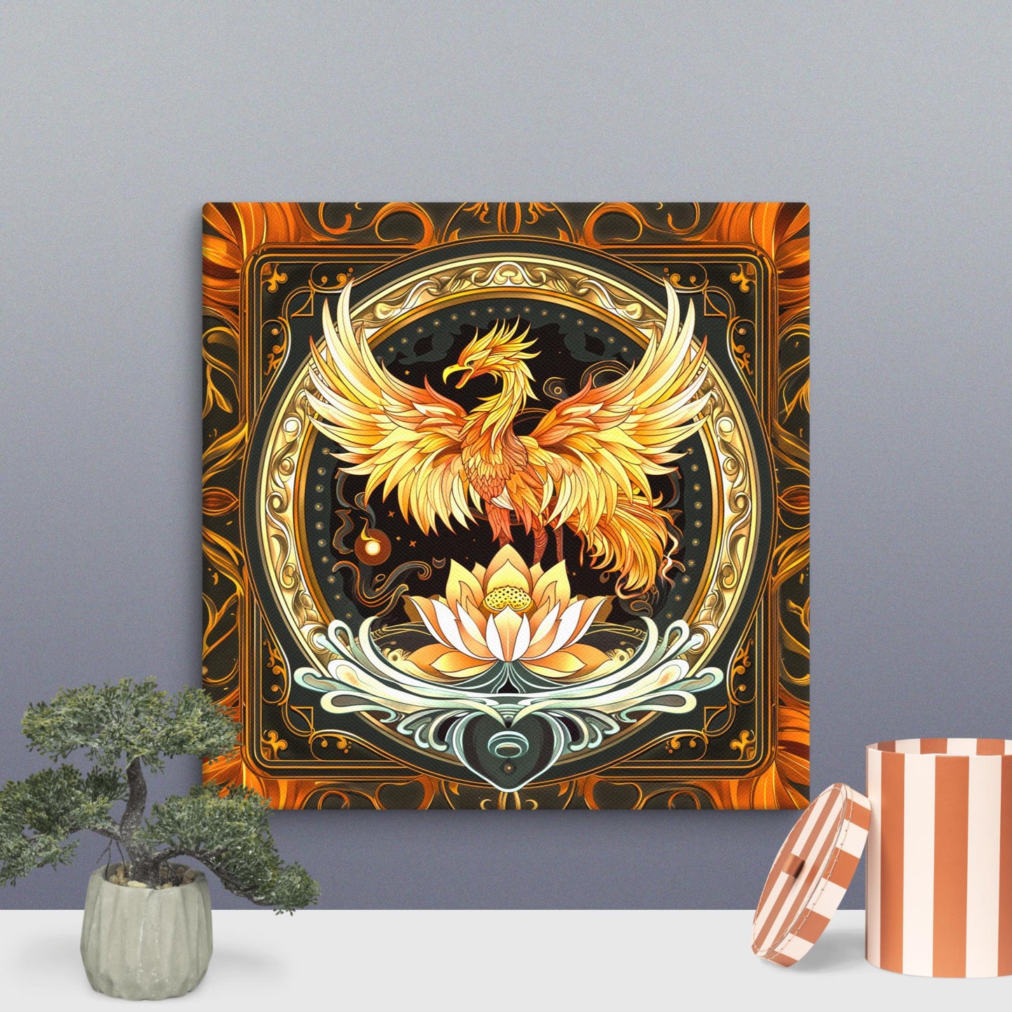 Elemental Harmony: Fiery Phoenix and Calm Lotus - Canvas Print - BBairt