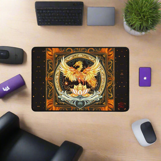 Elemental Harmony: Fiery Phoenix and Calm Lotus – Desk Mat - BBairt