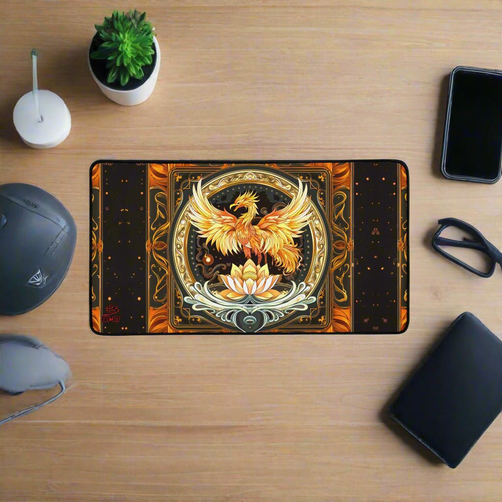 Elemental Harmony: Fiery Phoenix and Calm Lotus – Desk Mat - BBairt