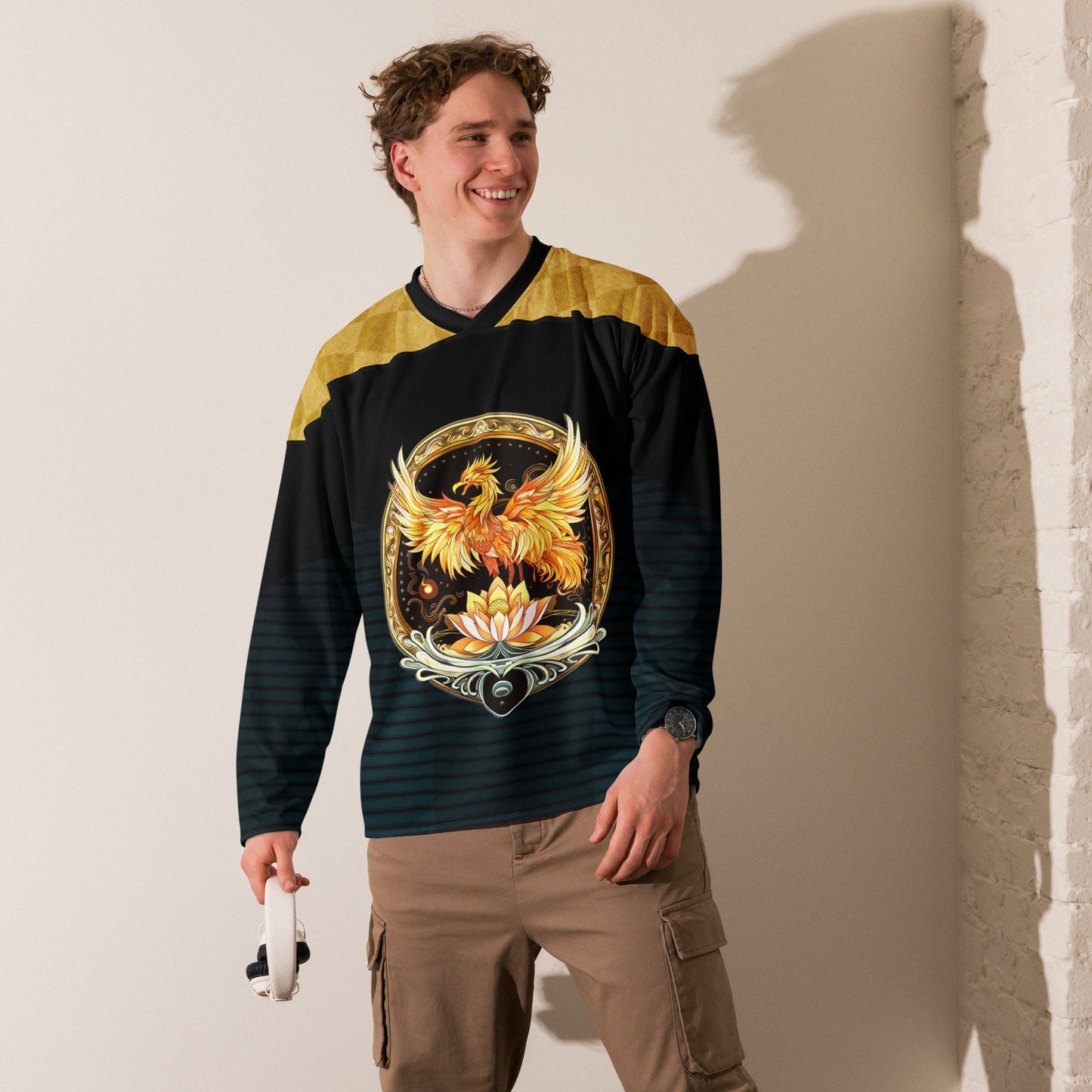 Elemental Harmony: Fiery Phoenix and Calm Lotus - Recycled hockey fan jersey - BBairt