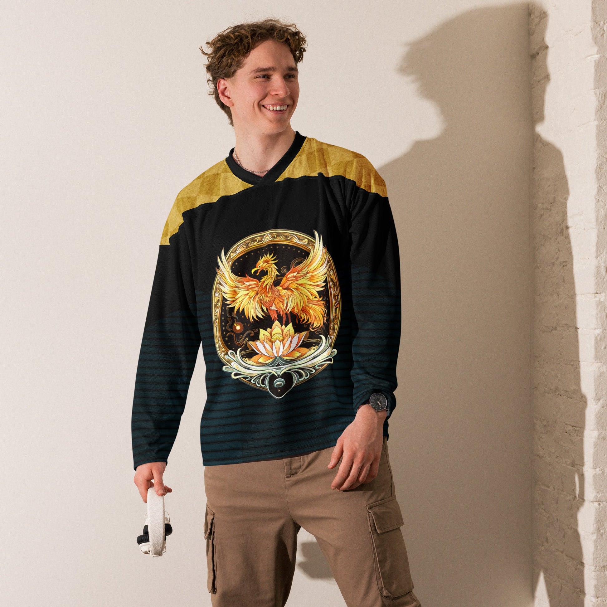 Elemental Harmony: Fiery Phoenix and Calm Lotus - Recycled hockey fan jersey - BBairt